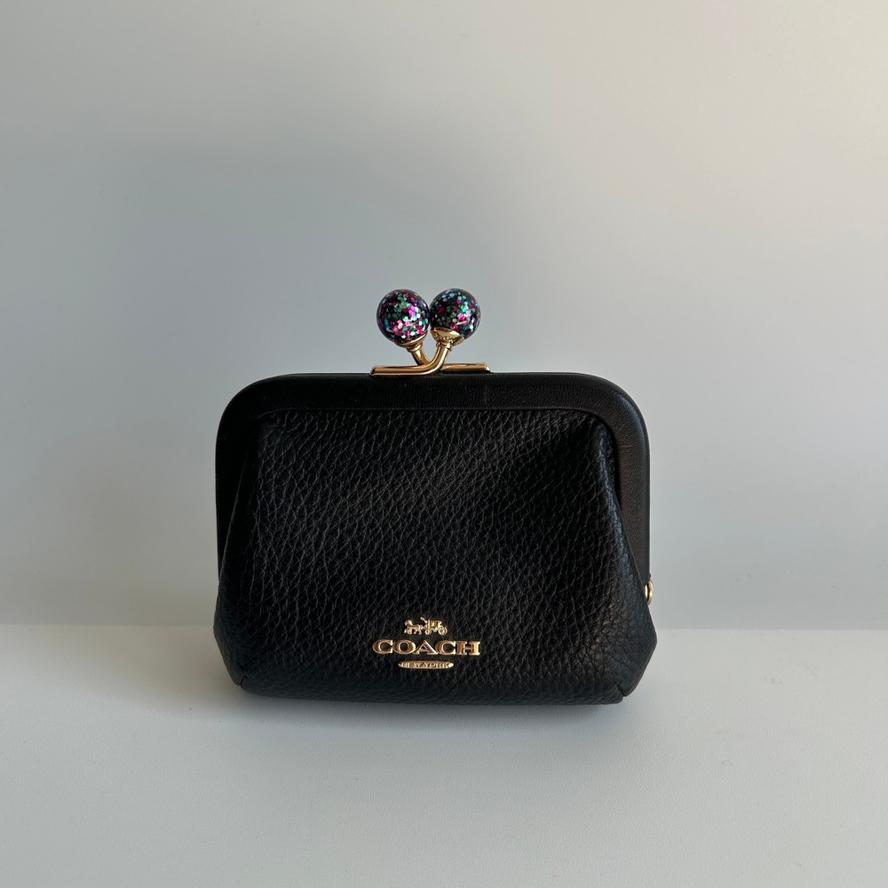 Coach Nora Kisslock Card Case Black Leather Glitter Wallet C2132